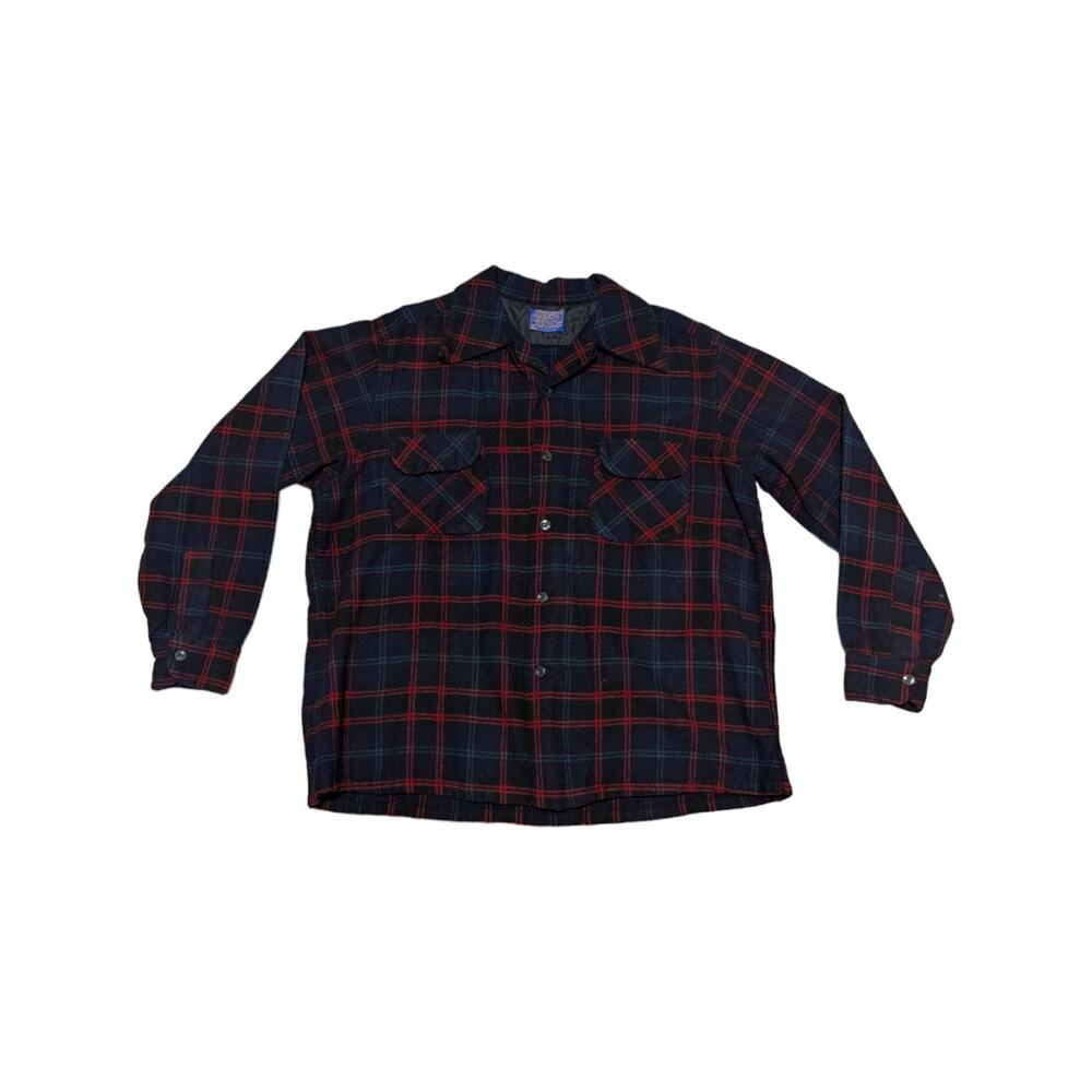 Vintage 70s Pendleton Field Shirt Button Down Plaid Red Blue Green Mens X-Large